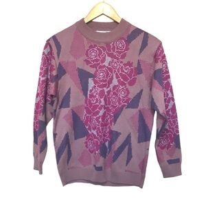 LION Vintage 80s high neck purple floral retro print sweater size Large